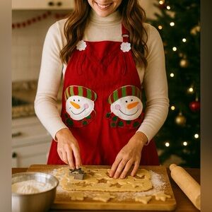 Adult Festive Red Cotton Snowman Apron by Ritz Unisex Winter Apron with Pockets